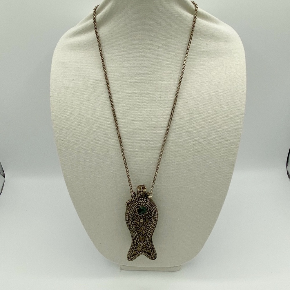 Vintage Metal Tibetan Filigree Perfume/Snuff Bottle Vial Fish Pendant Necklace - Picture 12 of 15